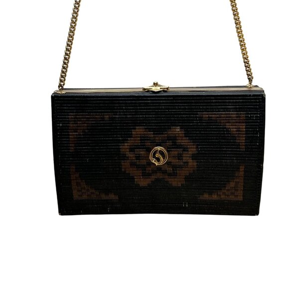 Handcrafted Women’s Black & Brown Chain Strap Woven Pattern Hardcase Clutch Bag - Picture 4 of 10
